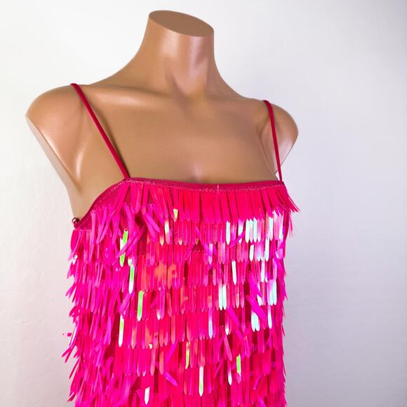 Hot Pink Fringe Sequins Mini Dress Formal Party Popstar Showgirl Girly Sz XS NWT - Picture 5 of 13